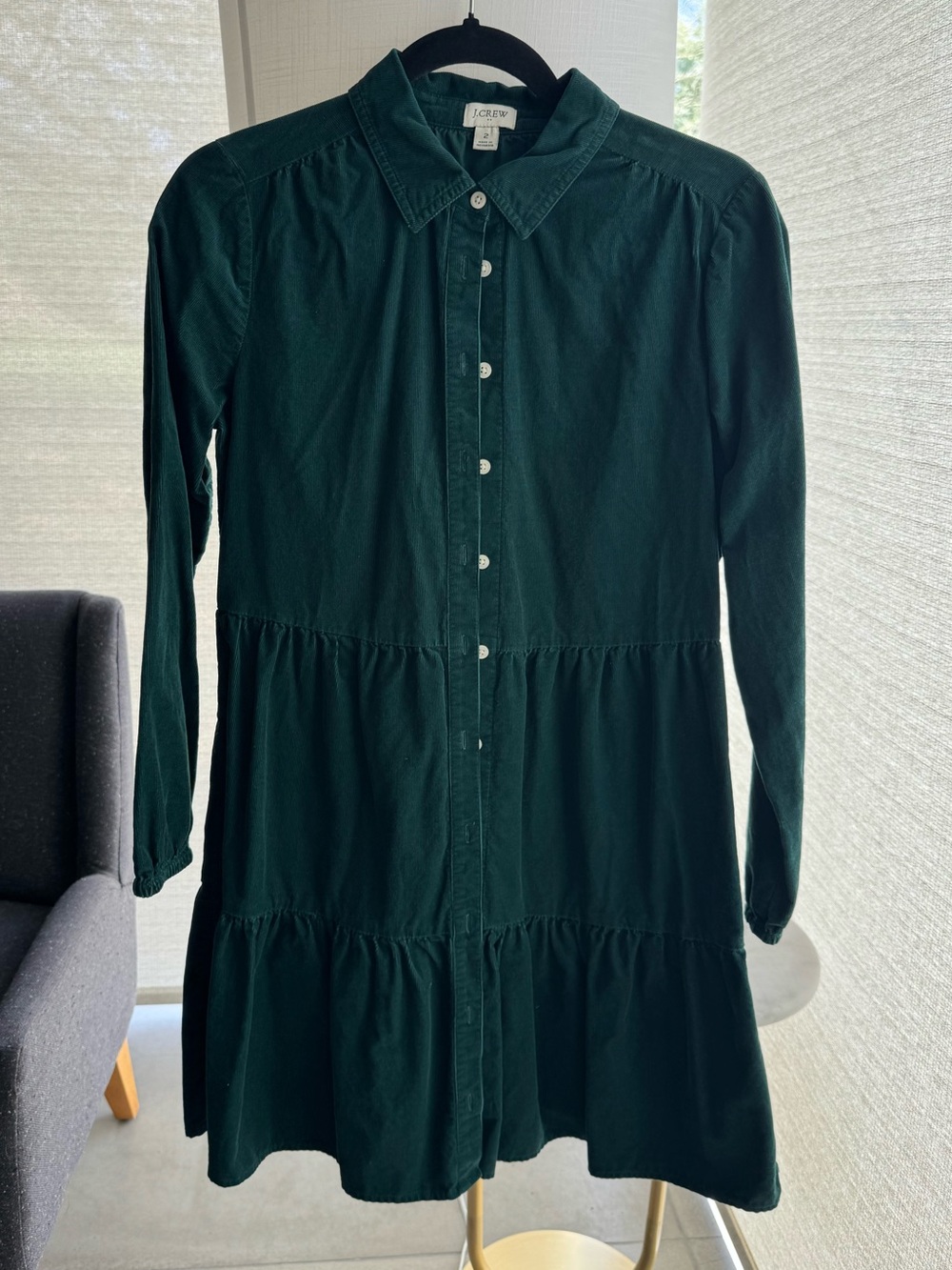 J. Crew Forest Green Button-Front corduroy Tiered Shirt Dress